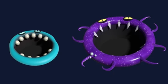 Chomper, the teal starter monster, next to the purple, tentacled Kraken