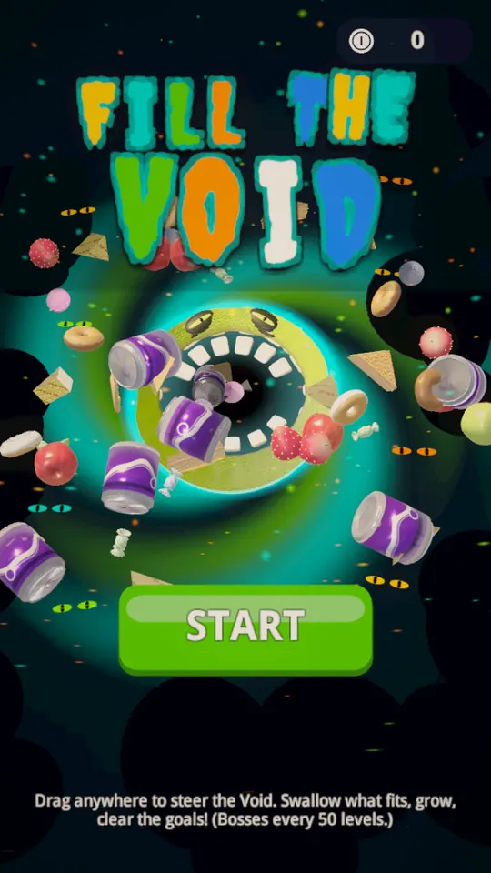Void Chomp title screen: the game logo above a swirling monster den full of snacks, with a big green Start button